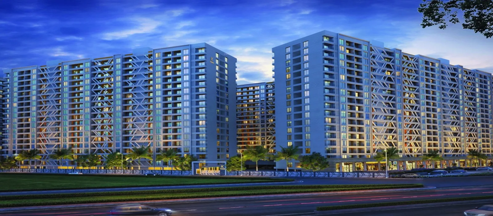 Purva Cityspire illuminated facade at dusk