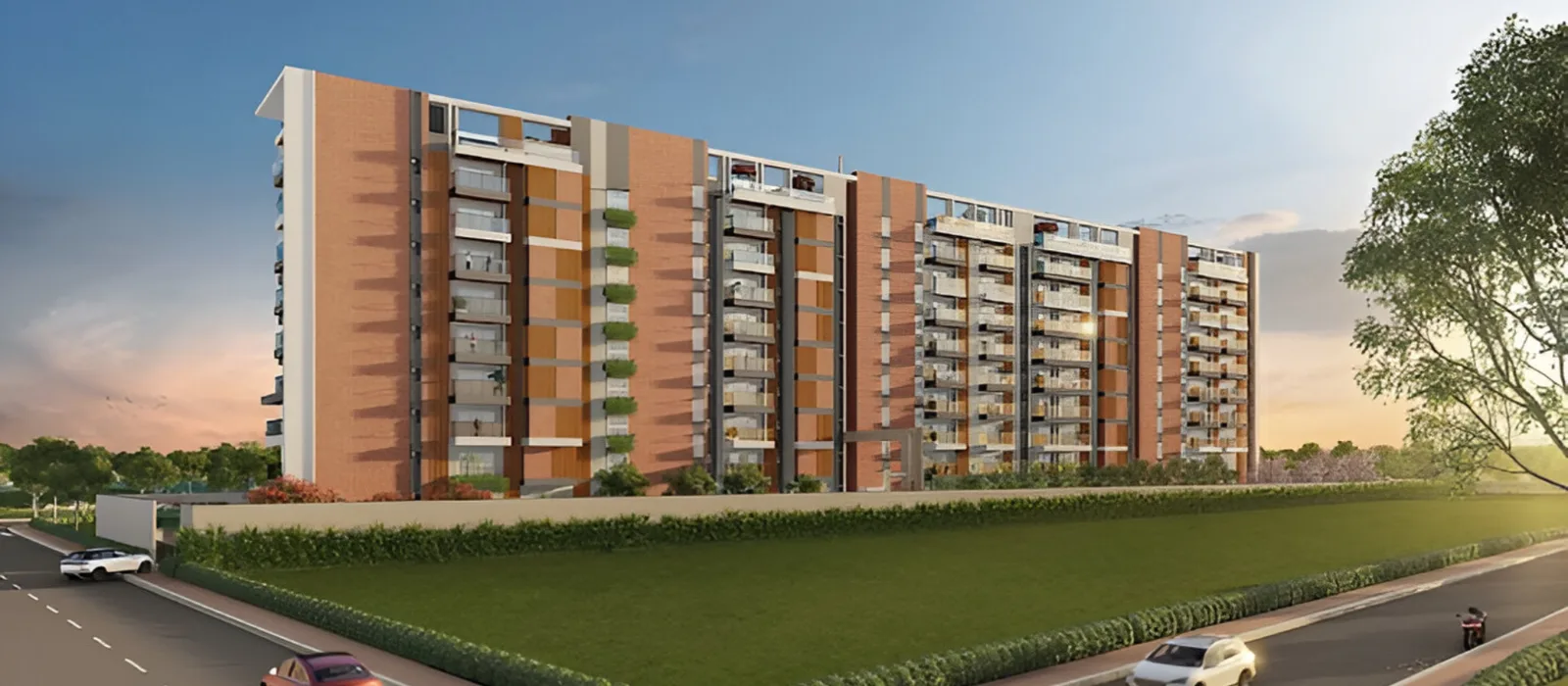 Purva Cityspire mid-rise facade along the road