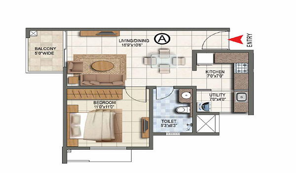 1 BHK, 700 – 800 sq.ft. floor plan at Purva Cityspire