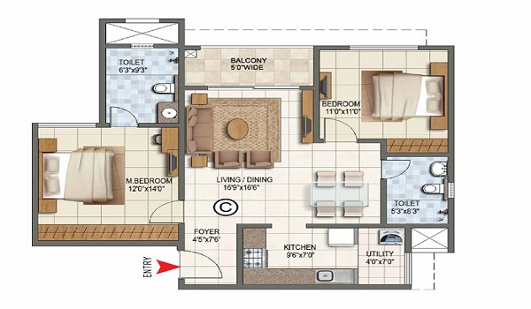 2 BHK, 1,150 – 1,400 sq.ft. floor plan at Purva Cityspire