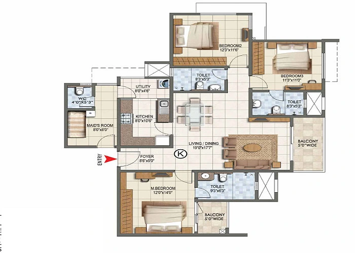3 BHK, 1,700 - 2,100 sq.ft. floor plan at Purva Cityspire