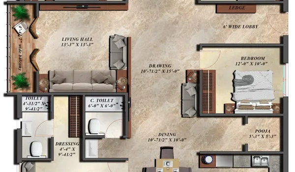 4 BHK, 2,600 - 3,200 sq.ft. floor plan at Purva Cityspire